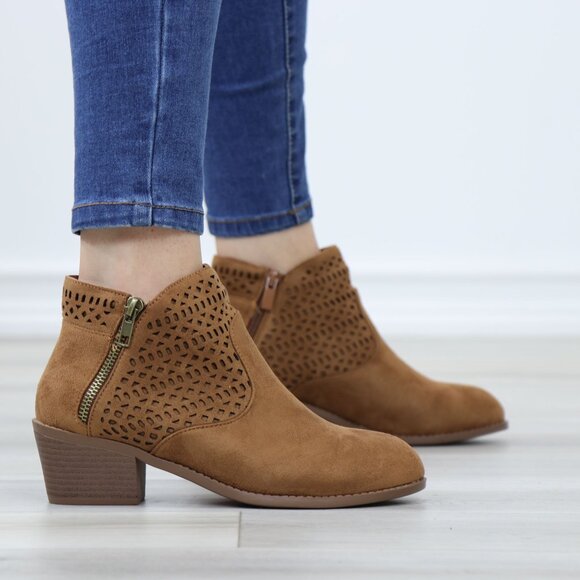 Tan Round Toe Low Heel Ankle Boots Faux Suede Lacer Cut Design - Picture 2 of 12